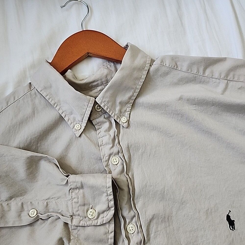 Ralph Lauren Button Down Shirt Mens 2XLT Beige Khaki Cotton Safari Utility Work